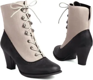 Victorian Boots for Women - Womens Chunky High Heel Booties Round Toe Ankle Boots Lace Up Patchwork Vintage Elegant Shoes Short Knight Boots for Wedding Bridal Costume Cosplay