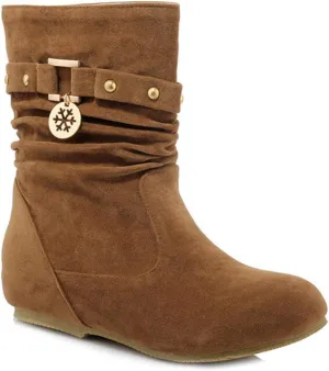 VOKLIN Women's Casual Round Toe Slouch Ankle Boots Suede Metallic Pull On Low Wedge Hidden Heel Short Booties