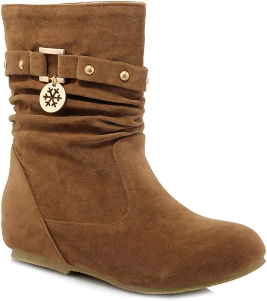 VOKLIN Women's Casual Round Toe Slouch Ankle Boots Suede Metallic Pull On Low Wedge Hidden Heel Short Booties