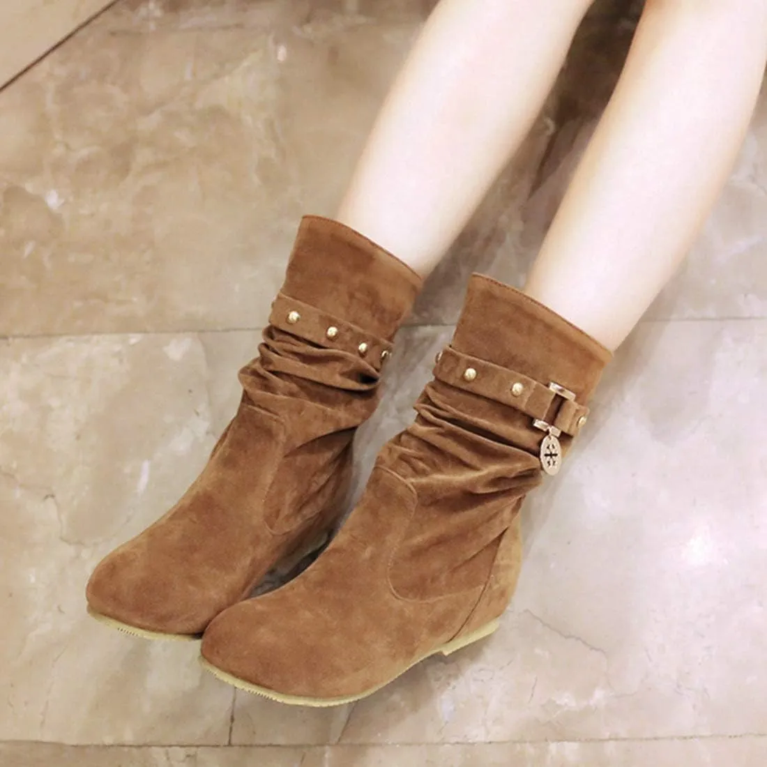 VOKLIN Women's Casual Round Toe Slouch Ankle Boots Suede Metallic Pull On Low Wedge Hidden Heel Short Booties