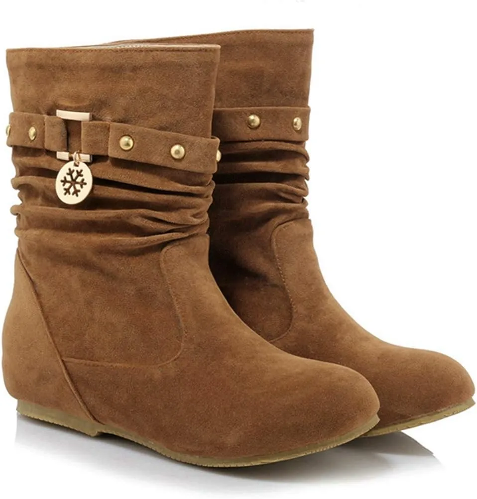 VOKLIN Women's Casual Round Toe Slouch Ankle Boots Suede Metallic Pull On Low Wedge Hidden Heel Short Booties