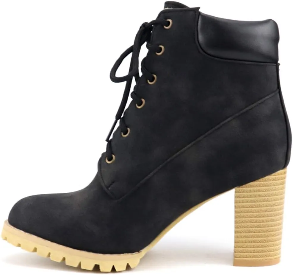 VOKLIN Women's Chunky Block High Heel Ankle Boots Lace Up Round Toe Platform Dressy Dressy Short Booties