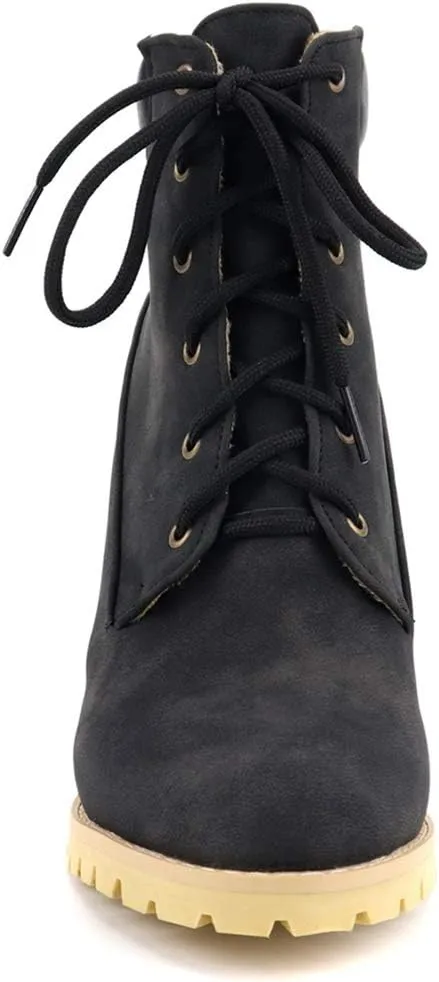 VOKLIN Women's Chunky Block High Heel Ankle Boots Lace Up Round Toe Platform Dressy Dressy Short Booties