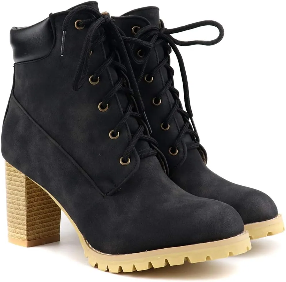 VOKLIN Women's Chunky Block High Heel Ankle Boots Lace Up Round Toe Platform Dressy Dressy Short Booties