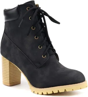 VOKLIN Women's Chunky Block High Heel Ankle Boots Lace Up Round Toe Platform Dressy Dressy Short Booties