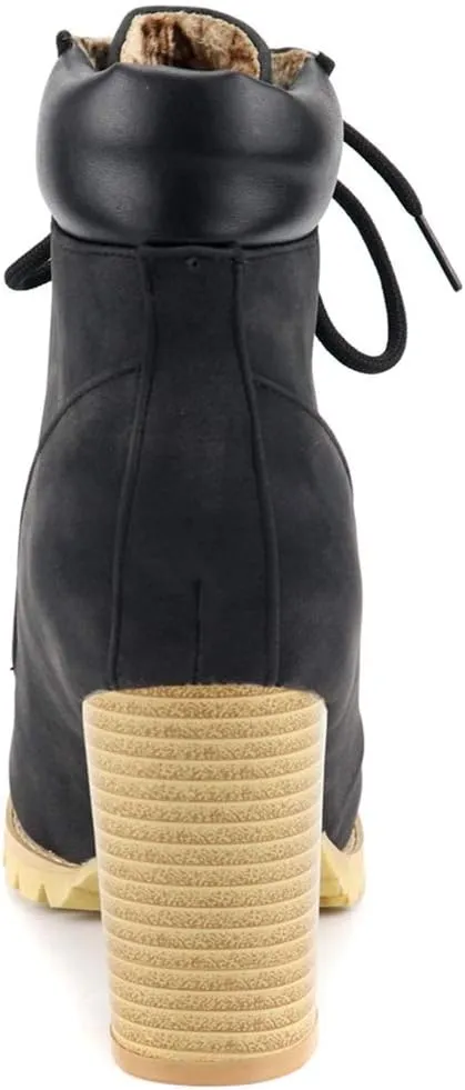VOKLIN Women's Chunky Block High Heel Ankle Boots Lace Up Round Toe Platform Dressy Dressy Short Booties