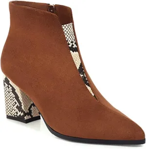 VOKLIN Women's Fashion Pointed Toe Dressy Ankle Boots Zipper Chunky Block High Heels Western Short Booties