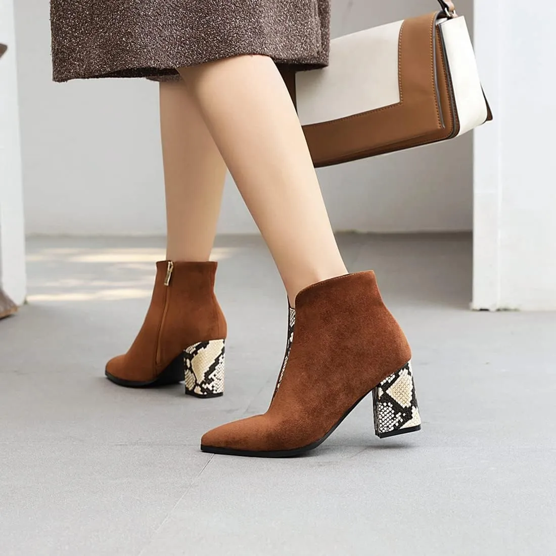 VOKLIN Women's Fashion Pointed Toe Dressy Ankle Boots Zipper Chunky Block High Heels Western Short Booties