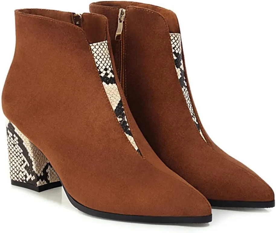 VOKLIN Women's Fashion Pointed Toe Dressy Ankle Boots Zipper Chunky Block High Heels Western Short Booties