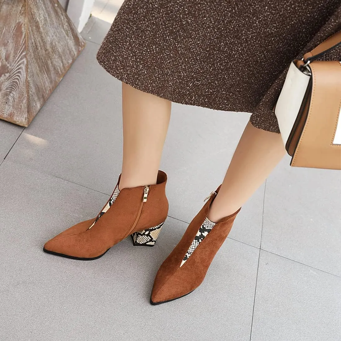 VOKLIN Women's Fashion Pointed Toe Dressy Ankle Boots Zipper Chunky Block High Heels Western Short Booties