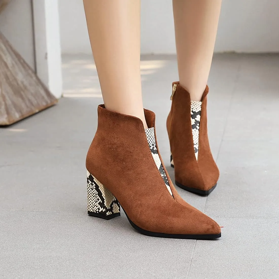 VOKLIN Women's Fashion Pointed Toe Dressy Ankle Boots Zipper Chunky Block High Heels Western Short Booties