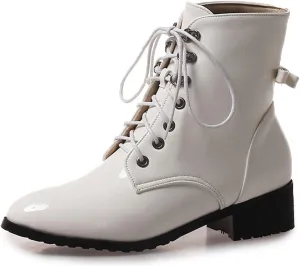 VOKLIN Women's Lace Up Chelsea Ankle Booties Round Toe Patent Leather Flat Low Heels Dressy Short Boots