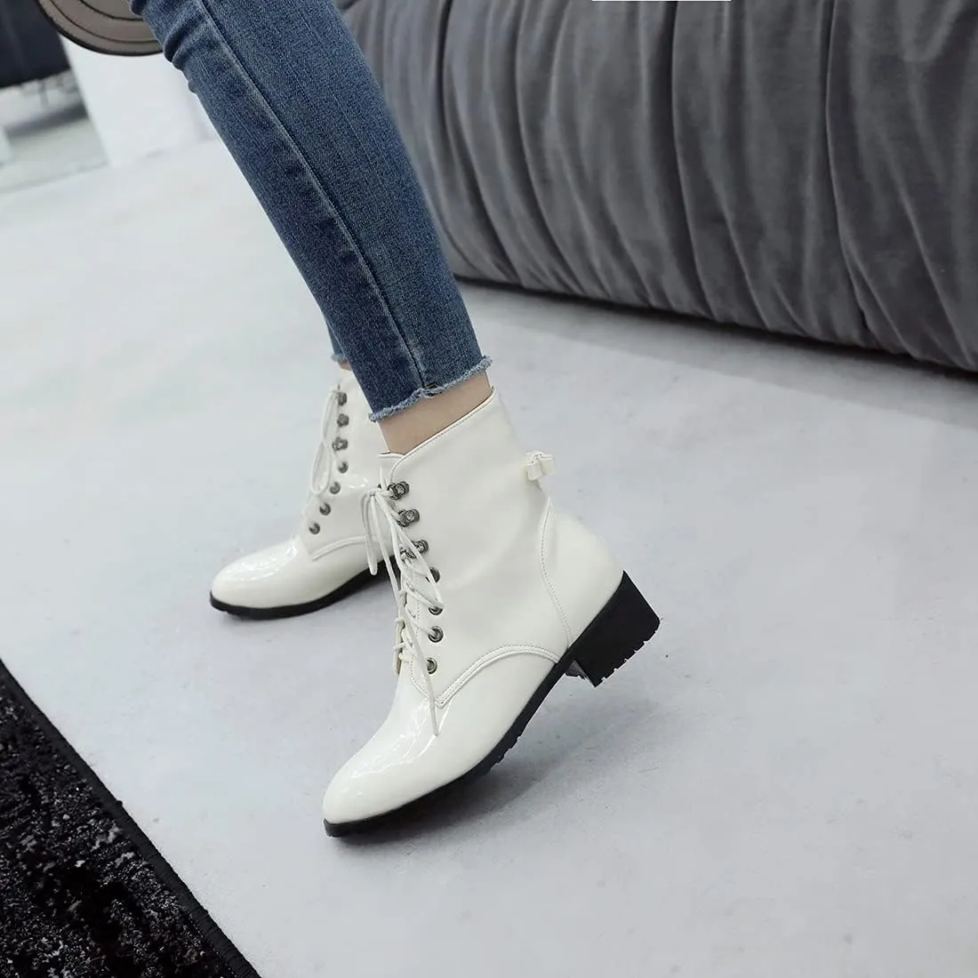 VOKLIN Women's Lace Up Chelsea Ankle Booties Round Toe Patent Leather Flat Low Heels Dressy Short Boots