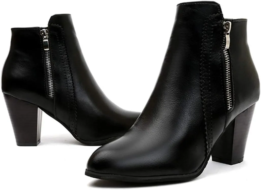 VOKLIN Women's Pointed Toe Chunky High Heel Ankle Boots Fashion Zipper Chelsea Booties Dressy Short Boot