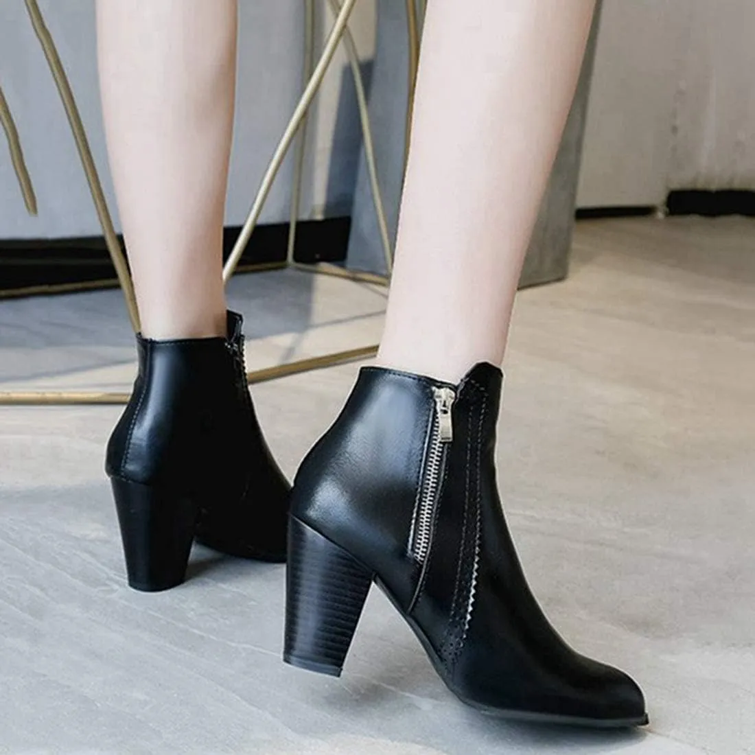 VOKLIN Women's Pointed Toe Chunky High Heel Ankle Boots Fashion Zipper Chelsea Booties Dressy Short Boot