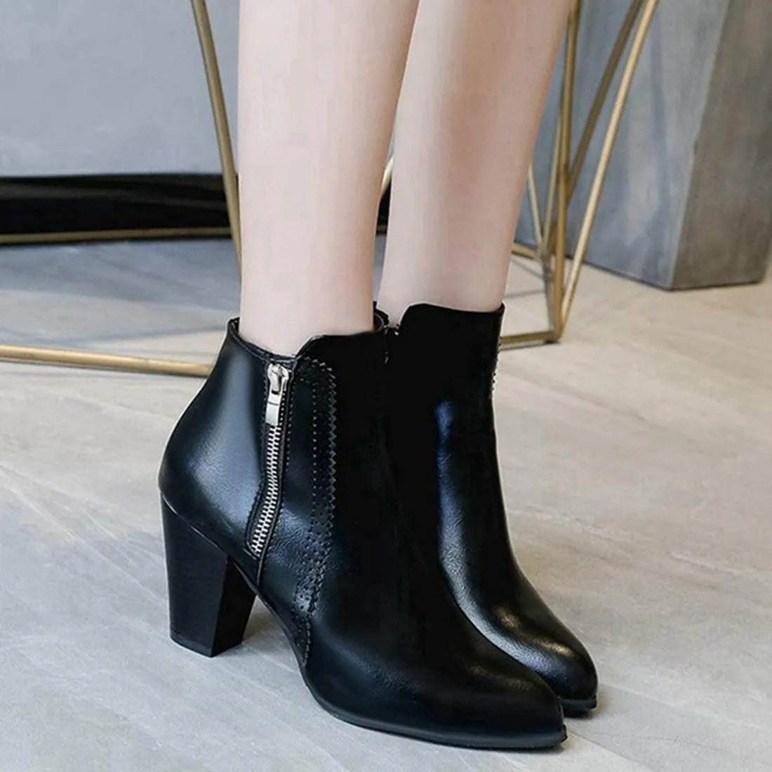 VOKLIN Women's Pointed Toe Chunky High Heel Ankle Boots Fashion Zipper Chelsea Booties Dressy Short Boot