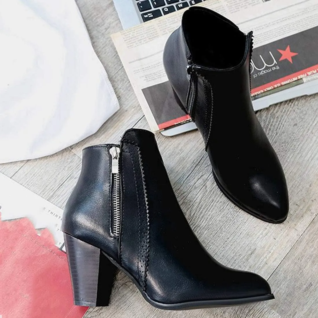 VOKLIN Women's Pointed Toe Chunky High Heel Ankle Boots Fashion Zipper Chelsea Booties Dressy Short Boot