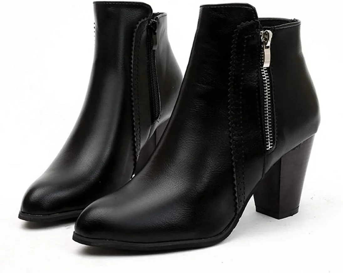 VOKLIN Women's Pointed Toe Chunky High Heel Ankle Boots Fashion Zipper Chelsea Booties Dressy Short Boot