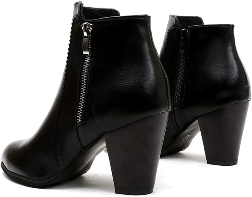 VOKLIN Women's Pointed Toe Chunky High Heel Ankle Boots Fashion Zipper Chelsea Booties Dressy Short Boot