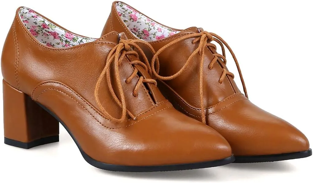 VOKLIN Women's Pointed Toe Lace Up Pump Oxfords Vintage Chunky Mid Block Heels Brogues Office Dress Shoes