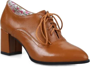 VOKLIN Women's Pointed Toe Lace Up Pump Oxfords Vintage Chunky Mid Block Heels Brogues Office Dress Shoes