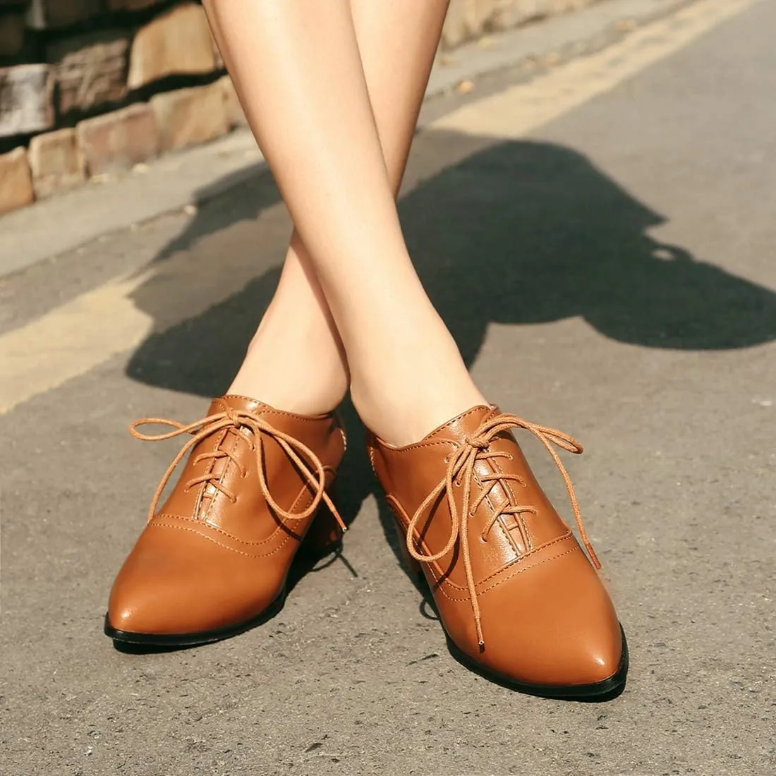 VOKLIN Women's Pointed Toe Lace Up Pump Oxfords Vintage Chunky Mid Block Heels Brogues Office Dress Shoes