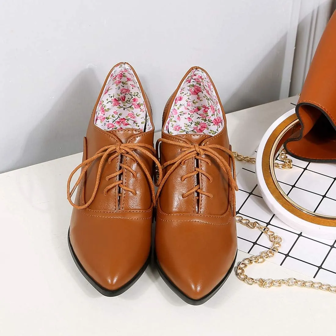 VOKLIN Women's Pointed Toe Lace Up Pump Oxfords Vintage Chunky Mid Block Heels Brogues Office Dress Shoes