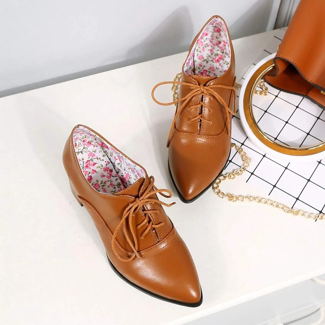 VOKLIN Women's Pointed Toe Lace Up Pump Oxfords Vintage Chunky Mid Block Heels Brogues Office Dress Shoes