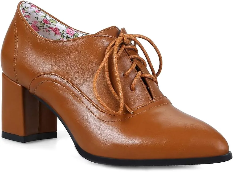 VOKLIN Women's Pointed Toe Lace Up Pump Oxfords Vintage Chunky Mid Block Heels Brogues Office Dress Shoes
