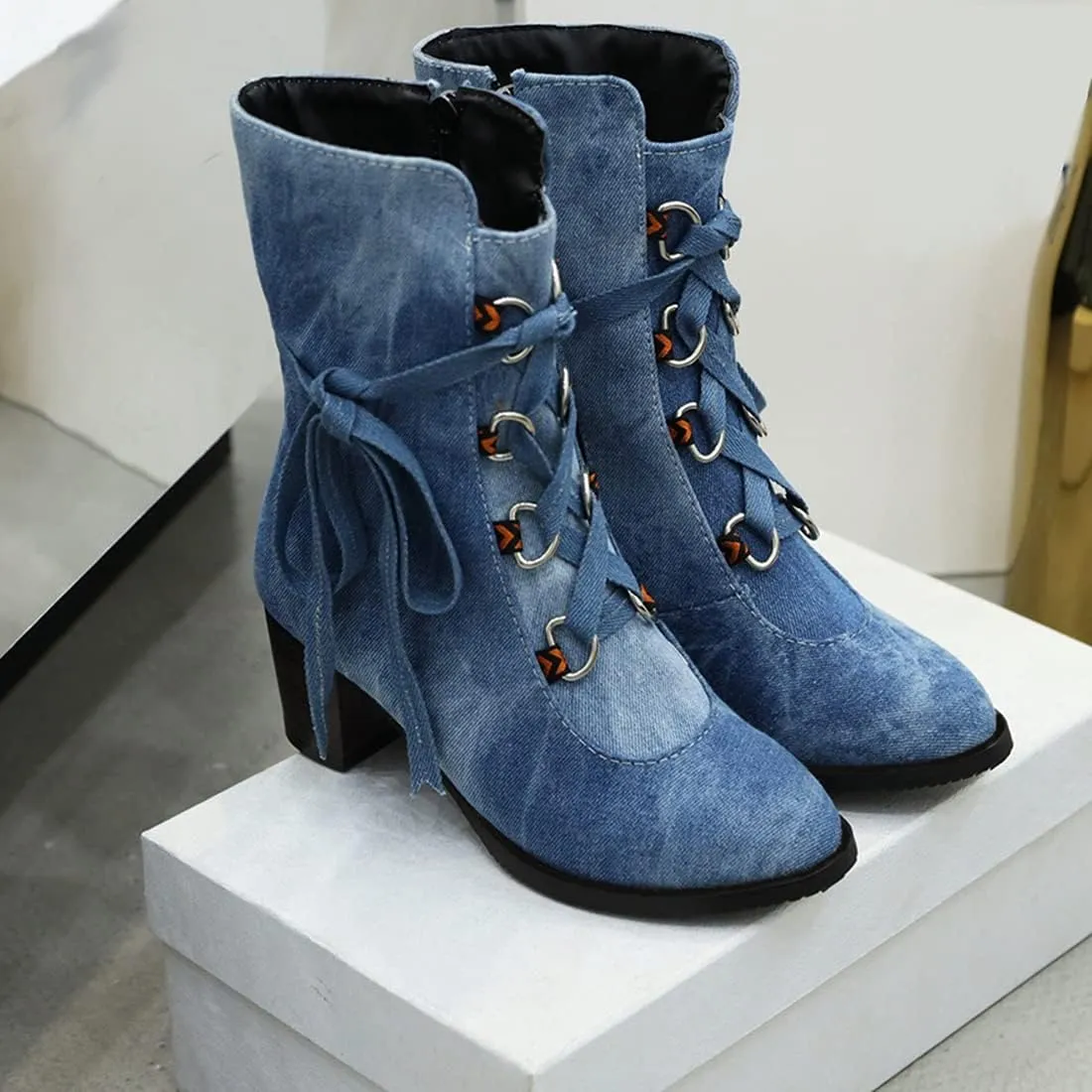 VOKLIN Women's Round Toe Denim Dressy Ankle Boots Lace Up Zipper Chunky Block Mid Heel Western Short Booties