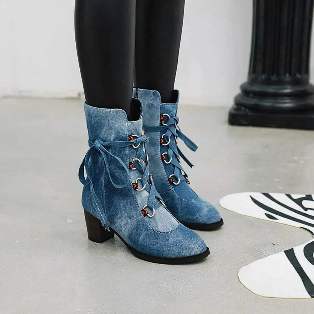 VOKLIN Women's Round Toe Denim Dressy Ankle Boots Lace Up Zipper Chunky Block Mid Heel Western Short Booties