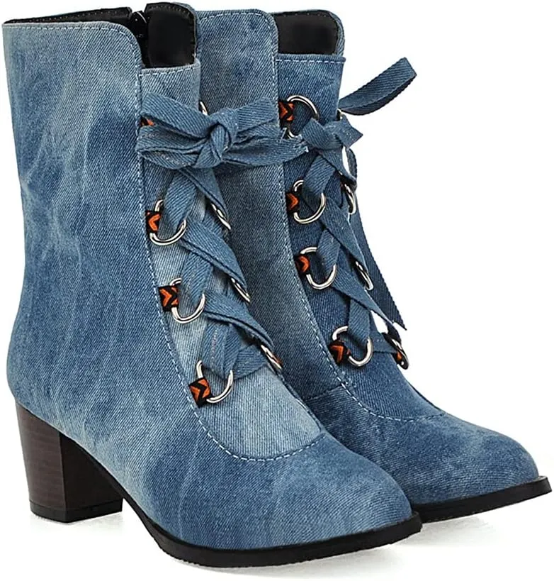 VOKLIN Women's Round Toe Denim Dressy Ankle Boots Lace Up Zipper Chunky Block Mid Heel Western Short Booties