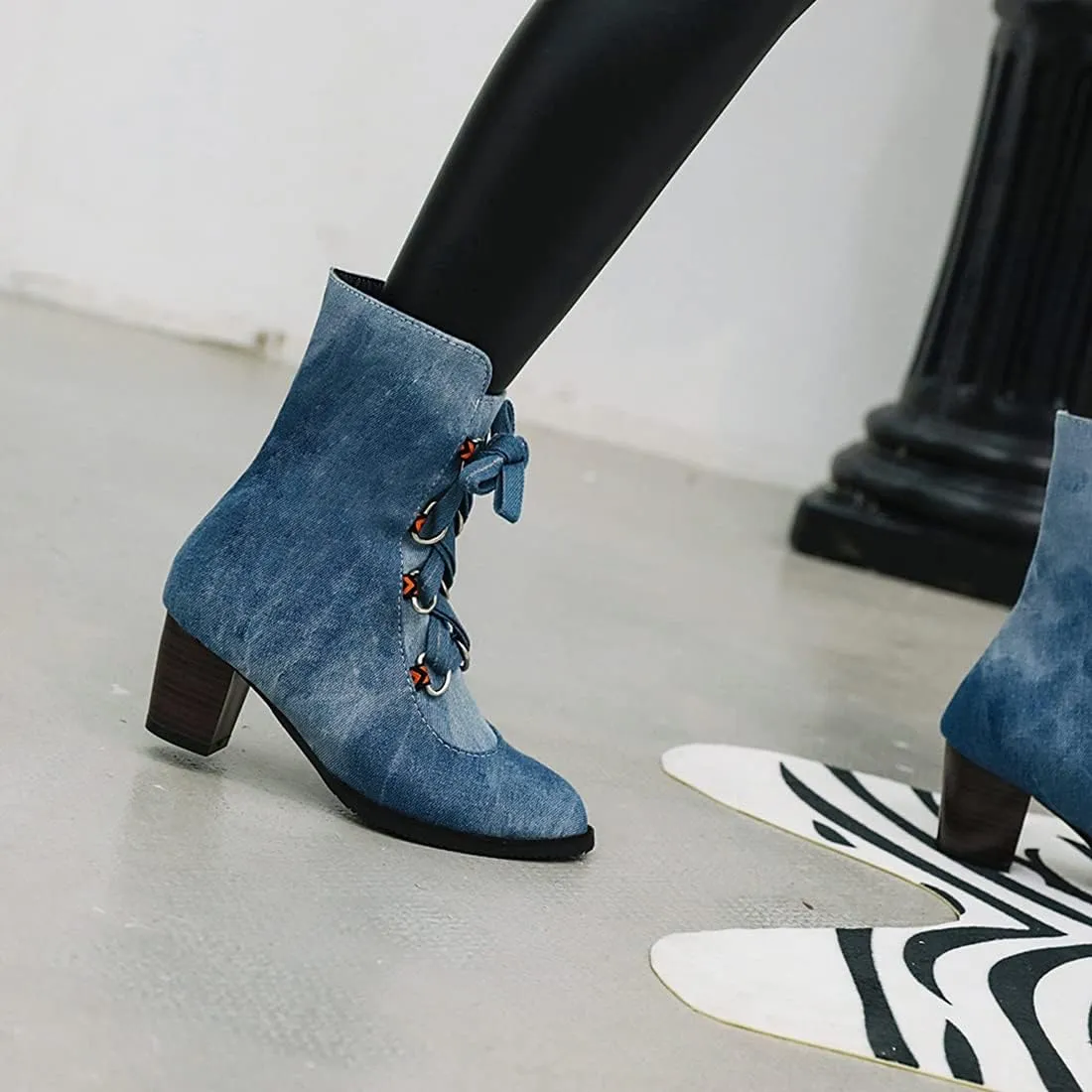 VOKLIN Women's Round Toe Denim Dressy Ankle Boots Lace Up Zipper Chunky Block Mid Heel Western Short Booties