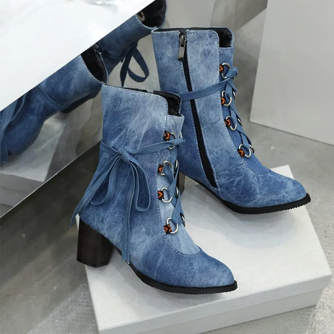 VOKLIN Women's Round Toe Denim Dressy Ankle Boots Lace Up Zipper Chunky Block Mid Heel Western Short Booties