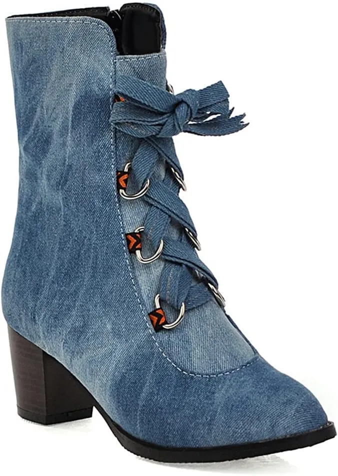 VOKLIN Women's Round Toe Denim Dressy Ankle Boots Lace Up Zipper Chunky Block Mid Heel Western Short Booties