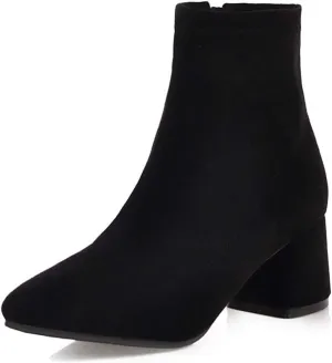 VOKLIN Women's Square Toe Stretch Ankle Boots Vegan Suede Zipper Chunky Block Mid Heel Dressy Short Booties