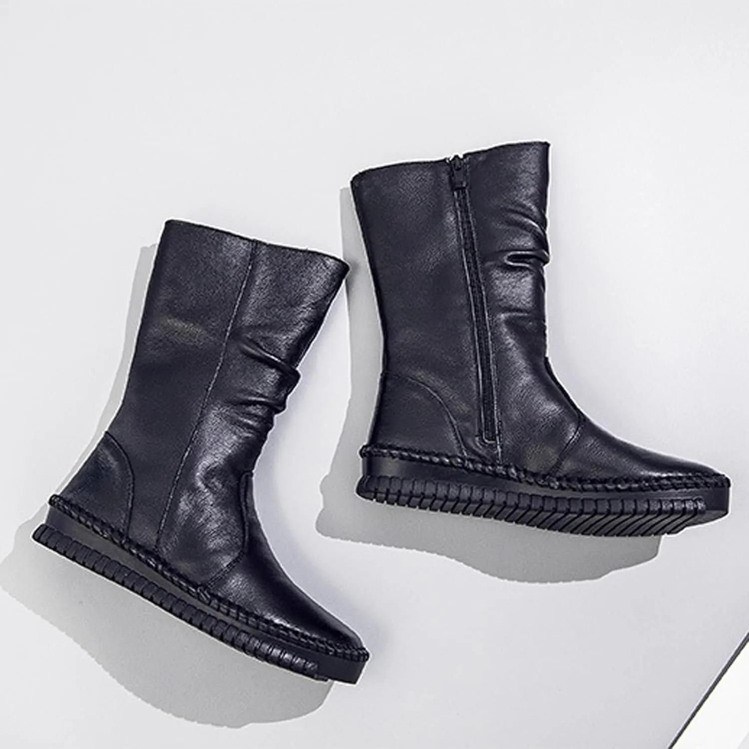 WENOREG Women's Hand Stitching Pleated Flat Mid Calf Boots,Fashion Leather Stitching Side Zipper Comfort Outdoor Anti-slip Work Walking Winter Boots Keep Warm Plush Lining Platform Boots