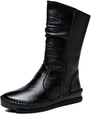 WENOREG Women's Hand Stitching Pleated Flat Mid Calf Boots,Fashion Leather Stitching Side Zipper Comfort Outdoor Anti-slip Work Walking Winter Boots Keep Warm Plush Lining Platform Boots
