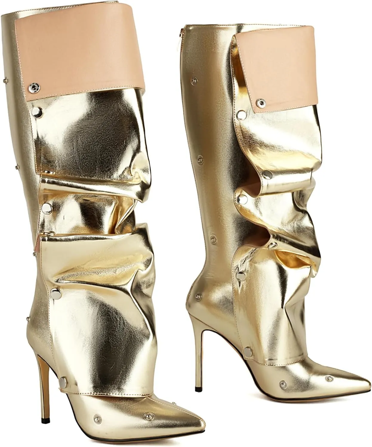 Wide Calf Slouch Boots for Women Sexy Stiletto Heel Detachable Snap-off Panel Shark Boots Pointed Toe Pleated Knee High Boots