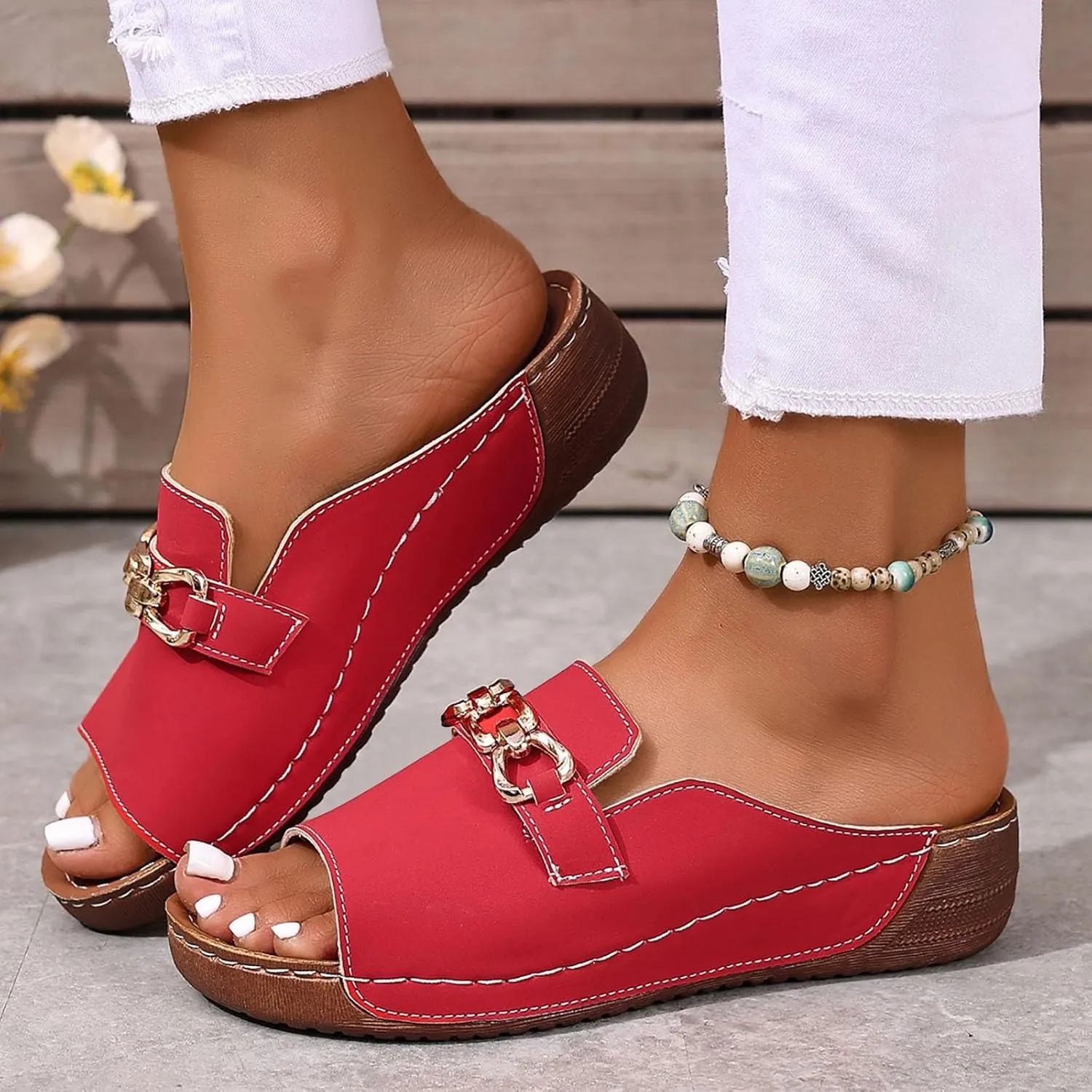 Wide Width Summer Sandals for Women 2025,Women's Slide Arch Support Slippers with Metal Rings Comfy Casual Sandal Orthopedic Cushioned Beach Shoes Plantar Fasciitis Recovery Mules for Daily Wear