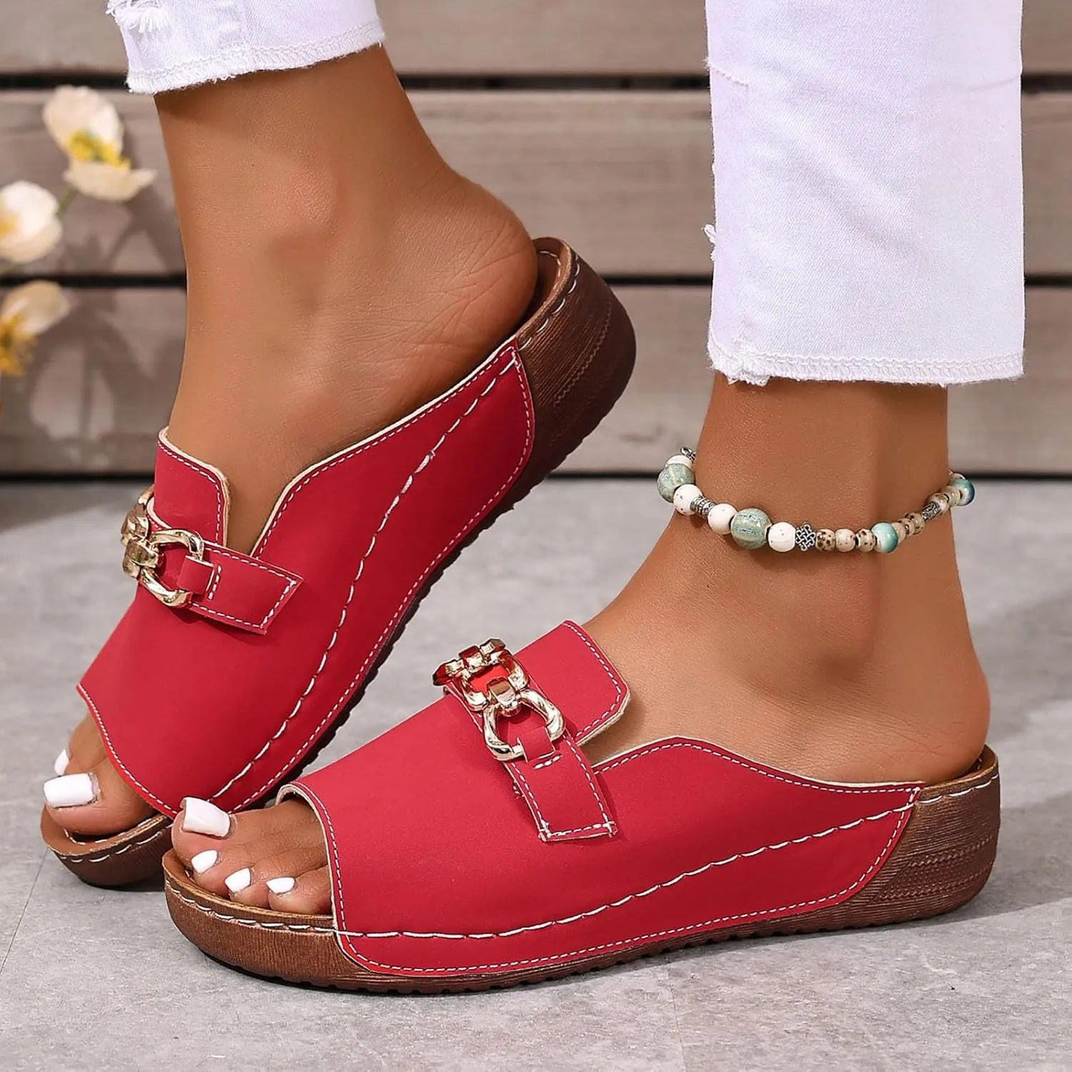 Wide Width Summer Sandals for Women 2025,Women's Slide Arch Support Slippers with Metal Rings Comfy Casual Sandal Orthopedic Cushioned Beach Shoes Plantar Fasciitis Recovery Mules for Daily Wear