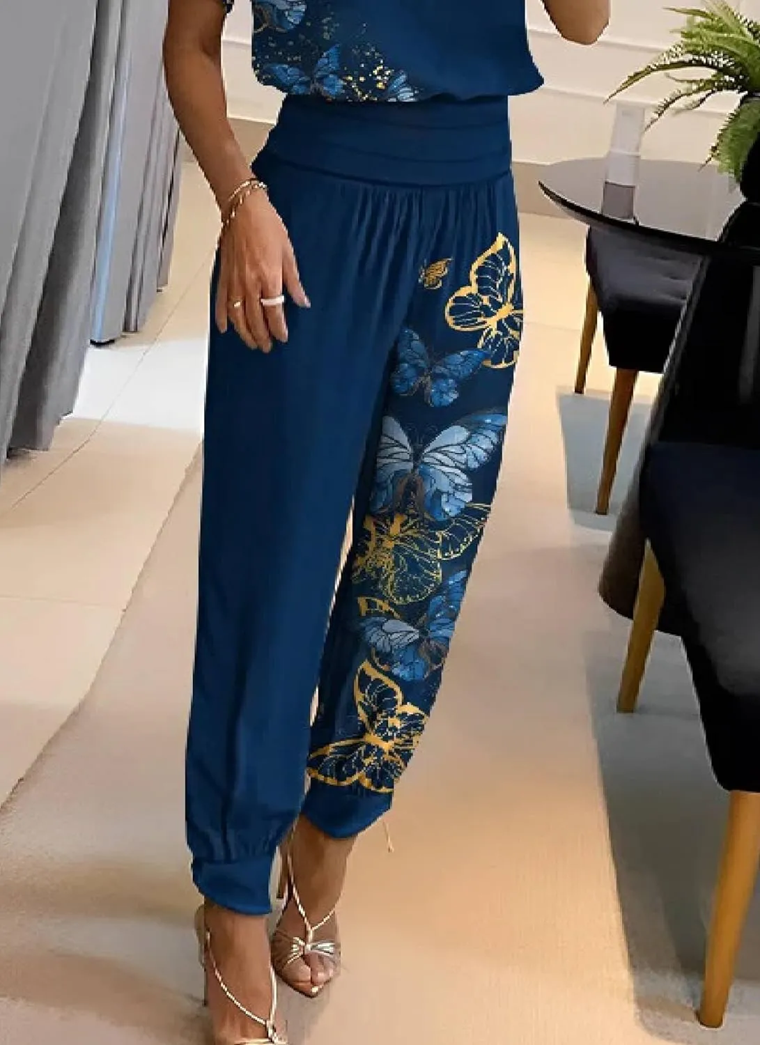 Women 2 Piece Outfits Sweatsuit Navy Print V Neck Short Sleeve Top High Waist Sweatpants Airport Travel Outfit