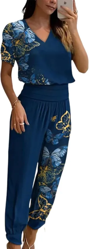 Women 2 Piece Outfits Sweatsuit Navy Print V Neck Short Sleeve Top High Waist Sweatpants Airport Travel Outfit