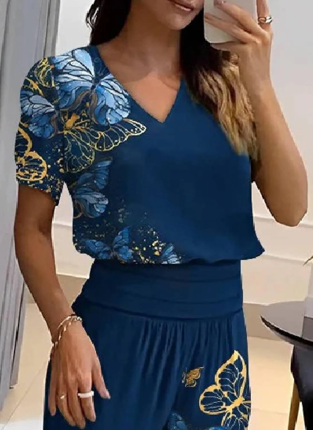 Women 2 Piece Outfits Sweatsuit Navy Print V Neck Short Sleeve Top High Waist Sweatpants Airport Travel Outfit