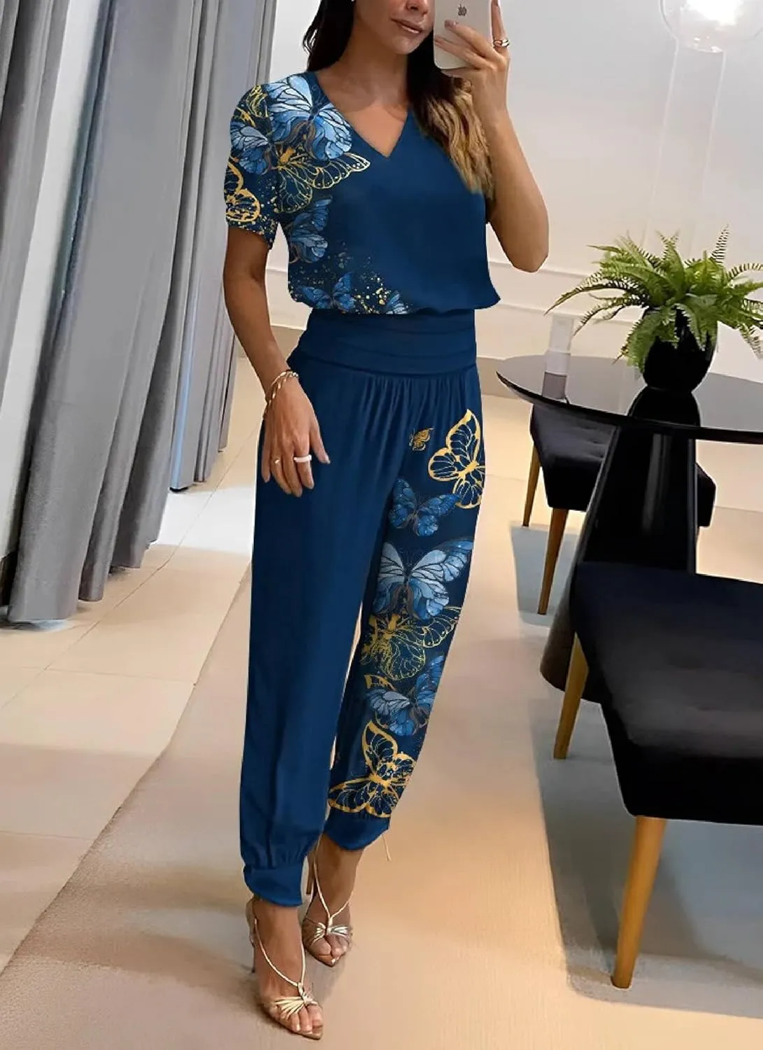 Women 2 Piece Outfits Sweatsuit Navy Print V Neck Short Sleeve Top High Waist Sweatpants Airport Travel Outfit