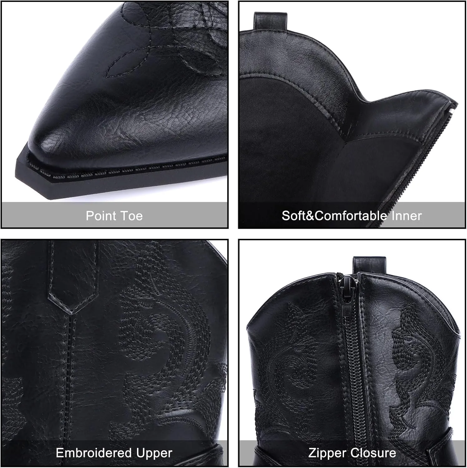 Women Ankle Cowboy Boots Western Cowgirl Boots Pointed Toe Booties Chunky Heel Embroidered Upper Zipper Pull on Ladies Short Boot