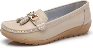 Women Loafers Soft Cow Leather Slip On Moccasin Boat Shoes Hand Sewn Soft Bottom Non-Slip Wedge Mother Fashion Dress Shoe