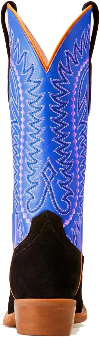 Women Mid Calf Cowboy Boots Embroidered Square Toe Chunky Heel Western Boots Calf High Two Tone 2” Stacked Heel Cowgirl Calf Boots Patchwork Matte Suede Pull On Wide Calf 4-11 M US