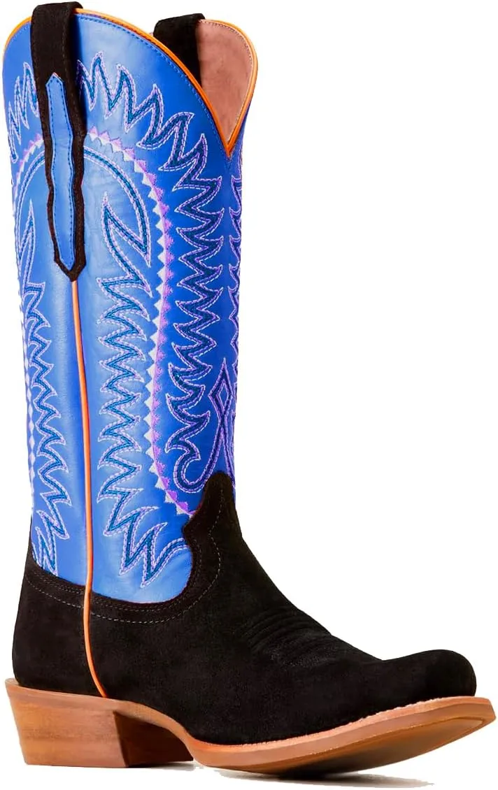 Women Mid Calf Cowboy Boots Embroidered Square Toe Chunky Heel Western Boots Calf High Two Tone 2” Stacked Heel Cowgirl Calf Boots Patchwork Matte Suede Pull On Wide Calf 4-11 M US