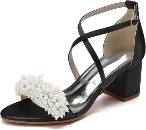 Women Open Toe Chunky Block Heels Beaded Satin Crossover Strappy Wedding Evening Party Sandals
